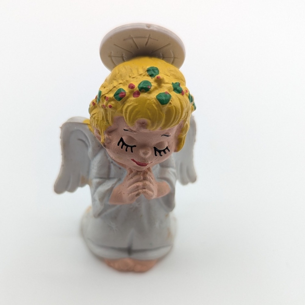 Vintage 1980 Angel Figurine Praying Cherub Yellow Hair‎ Halo White Made Portugal